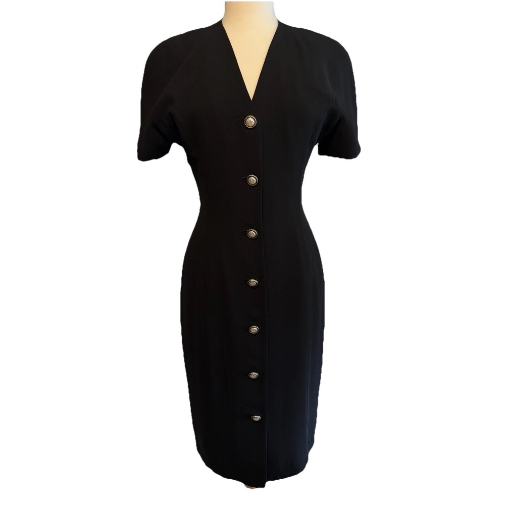 Vintage Rare Ms Chaus Dress Size 10 Black and Gold‎ Pearl like Buttons  Fitted